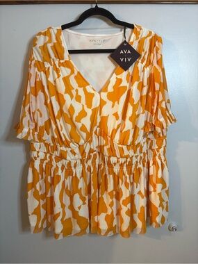 Ava & Viv Orange and Cream V-Neck Peplum Blouse